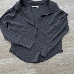Washed Black Henley Long Sleeve Top